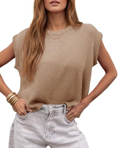 Saodimallsu Womens Cap Sleeve Sweater Vest Sleeveless Crew Neck Casual Loose Knit Pullover Summer Tops Khaki - Image 1