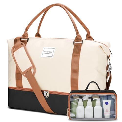 WOOMADA Weekender Overnight Bag for Women, Carry on Shoulder Travel Duffel with Shoes Compartment,Gym Bag with Toiletry Bag(beige&brown&black) - Image 1
