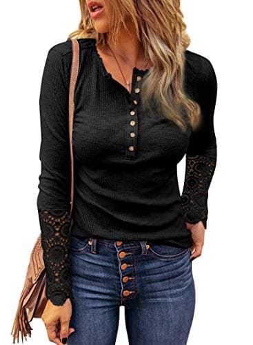 BTFBM Women Long Sleeve Shirts Spring Solid Button Up V Neck Lace Long Sleeves Slim Fit Knit Casual Fall T-Shirts 2026(Black,Medium) - Image 1