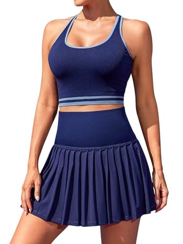 ATTRACO Tennis Outfits for Women 2 Piece Set Athletic Dress with Shorts Pleated Skirt Sets Dark Blue L - Image 1