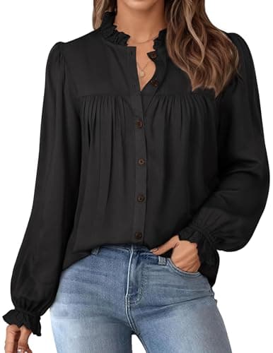 Women Blouses for Work Black Puff Sleeve Elegant Retro Pleated Office Shirts Tops Black L - Image 1
