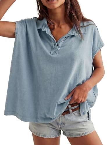 Haellun Oversized Polo Shirt for Women Casual Summer Tee Tops Cap Sleeve Collared Cotton Shirts(Light Blue,M) - Image 1