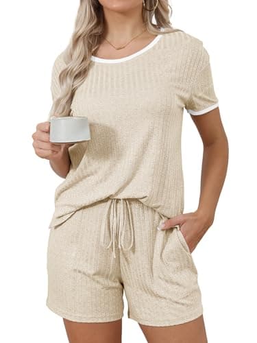 HDLTE Womens Ribbed Sleepwear Outfits Short Sleeve Top and Shorts 2 piece Lounge Set Apricot - Image 1