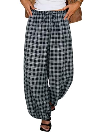 Tankaneo Womens Checkered Pants Baggy Balloon Plaid Harem Pants Casual Drawstring Wide Leg Trousers with Pockets Black - Image 1