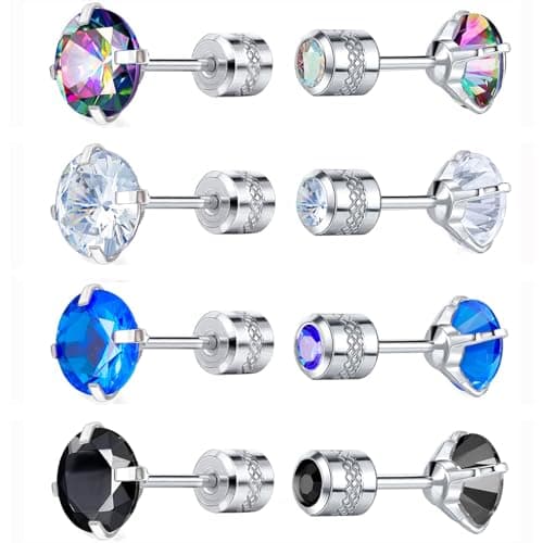VOLUKA Titanium Earrings for Sensitive Ears, 4 Pairs Screw Back Hypoallergenic Surgical Grade Titanium Cubic Zirconia Stud Earrings for Women Men - White Colorful - Image 1