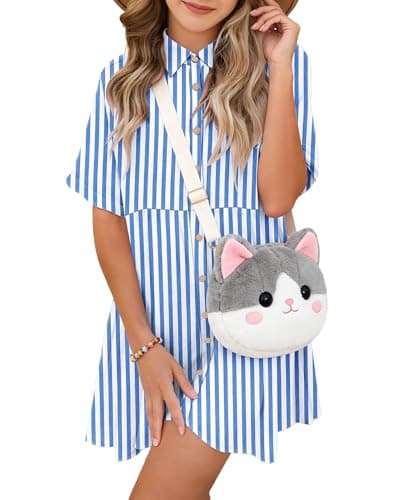 Girl's Summer Short Sleeve Loose Babydoll Dress Casual Kids Button Down Mini Sundresses with Pockets 2026 Blue Stripes 11-12 - Image 1