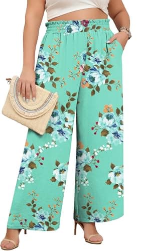 Lastshe Women's Plus Size Pants Maternity Curvy Clothes Hide Drawstring Palazzo Trousers for Women with Pockets,Mint Green,1X - Image 1