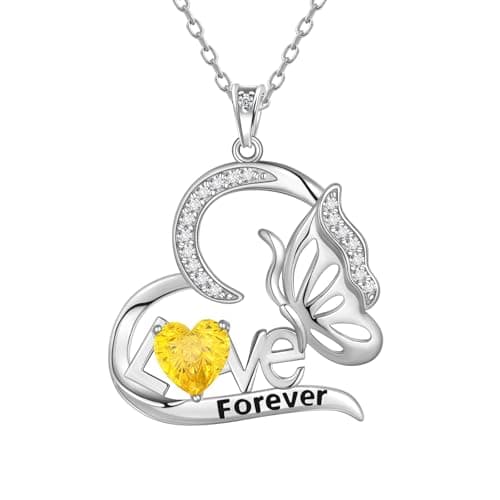 Birthstone Love Heart Butterfly Pendant Necklace - 925 Sterling Silver Firework-Cut Cubic Zirconia Love Forever Necklace Anniversary Birthday Jewelry Gift for Women Wife Mom Daughter (11-November) - Image 1