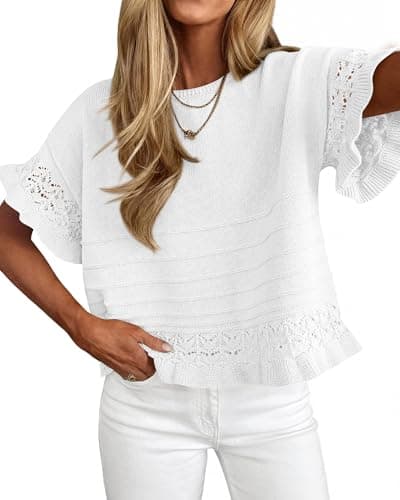 KIRUNDO Short Sleeve Sweater for Women 2026 Spring Summer Tops Crochet Round Neck Ruffled Hem Knit Pullover Casual Blouse(White, Large) - Image 1