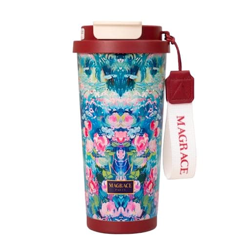 MAGRACE Coffee Travel Mug - Leakproof Coffee Cup with Flip Lid & Straw, Vacuum Insulated for Hot & Cold Drinks To Go, Boho Floral Print - Image 1