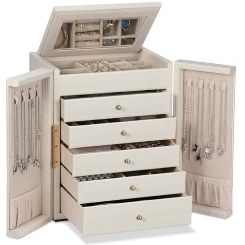 Dajasan Large Jewelry Organizer Box, Jewelry Boxes for Women Girls, 6-Tier Jewelry Storage Organizer with Mirror for Necklace Ring Bracelet Watch, Gift Idea (Beige) - Image 1