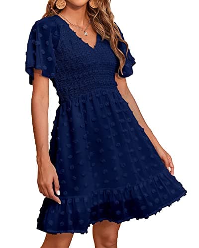 BTFBM Womens Beach Vacation Dress Summer 2026 V Neck Short Sleeve Smocked Swiss Dot Ruffle Casual Spring Mini Dresses(Navy, XX-Large) - Image 1