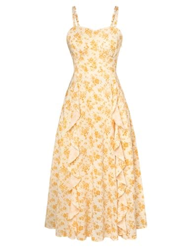 Belle Poque Women's Floral Chiffon Summer Dress Ruffle Trim Fairy Sun Boho Cottagecore Dresses Yellow Floral XL - Image 1
