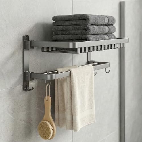 Lavstow 24 inch Towel Rack for Bathroom Wall Mounted, 2 Tier Foldable Bathroom Shelf with Tower Bars, Sturdy&Durable Aluminum Bath Towel Holder Lavatory Storage Organizer - Image 1