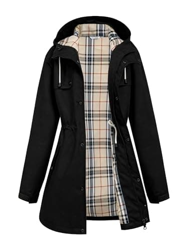 PITINAN Raincoat For Womens With Hood Lined Windbreaker Ladies Long Rain Jacket Women Waterproof With Snap Pockets Rain Trench Coat Spring Winter Travel Jacket Coats For Women Black M - Image 1