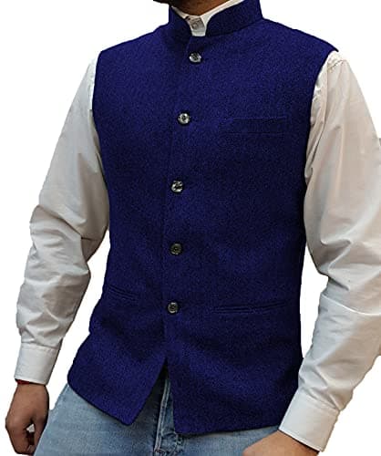 Tuikayoo Mens Herringbone Wool Vests Suit Business Tweed High Collar Waistcoats Slim Fit(XX-Large, Royal Blue) - Image 1