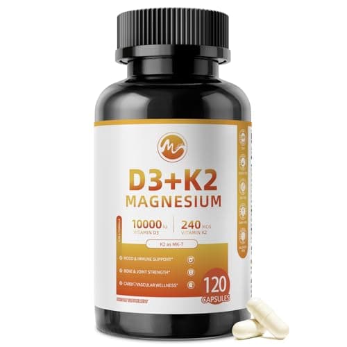 M inch Vitamin D3 K2 with Magnesium, Vitamin D3 10000 IU, Vitamin K2 MK-7 240 mcg, 6-in-1 K2 D3 Vitamin Supplement with Quercetin for Bone, Immune & Moo*d Support, Highly Bioavailable, 120 Capsules - Image 1