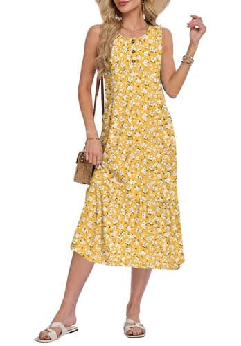 WNEEDU Beach Floral Long Dress Flowy Elegant Maxi Sleeveless Dress Soft Comfortable Cruise Vacation Holiday Dress,YE S Floral,XL - Image 1