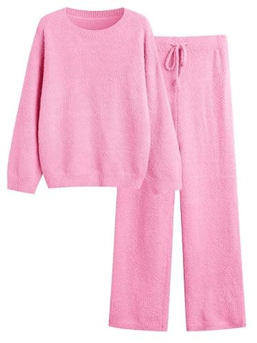 GKBK Lounge Sets for Women 2 Piece Fuzzy Fleece Pajamas Long Sleeve Oversized Lounge Set 2025 Fall Winter Trendy Pink L - Image 1