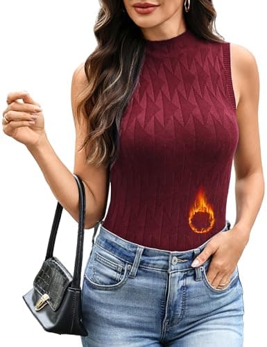 Totatuit Turtleneck Tops for Women Sleeveless Mock Neck Sweater Vest Turtle Neck Lightweight Knit Workout Tops Wine Red L - Image 1