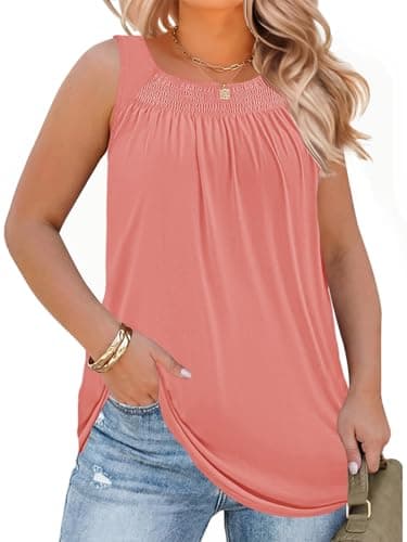Beautife Women Plus Size Sleeveless Tank Tops Loose Fit Smocked Crew Neck Summer Casual Curved Hem Tunic Tees Orange - Image 1