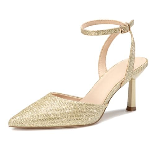 Athlefit Women's Closed Pointed Toe 3 Inch High Heels Ankle Strap Stiletto Heel Wedding Party Dress Pumps Shoes, Gold Glitter Size 9,SAPU2602W - Image 1