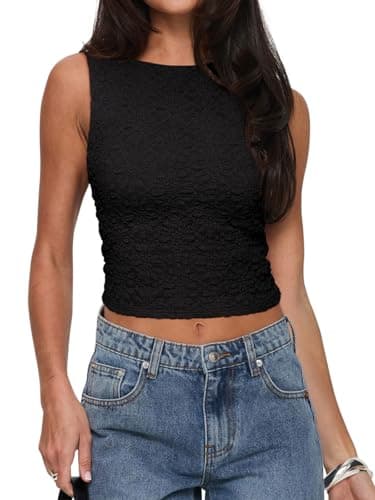 REORIA Women's Summer Sexy Open Back High Neck Sleeveless Tank Top Double Lined Y2k Lace Twist Backless Crop Tops Black XX-Large - Image 1