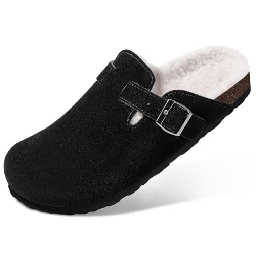 KIDMI Women's Fur Lined Suede Clogs Fuzzy Cork Footbed Mules Slip On Winter Potato Shoes, Black 37 (Size 6-6.5) - Image 1