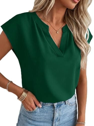 Funlingo Summer Tops for Women Cap Sleeve Dressy Casual V Neck Tunic Blouse Office Work Shirts 2026 Loose Fit Outfits Green S - Image 1