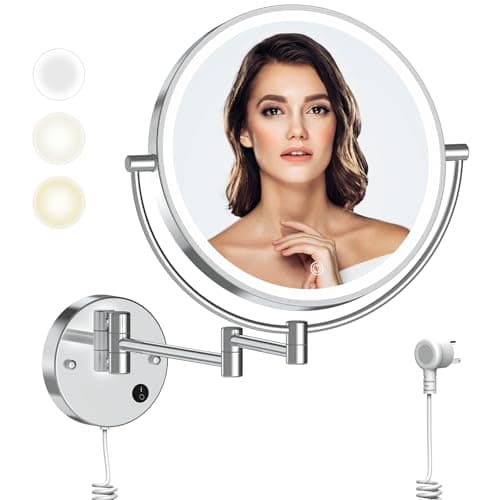 Rocollos 9" Plug-in Wall Mounted Lighted Makeup Mirror 1X/10X Magnification, Super Large Double Sided LED Vanity Mirror for Bathroom, 3 Color Dimmable 360°Swivel Extendable Shaving Cosmetic Mirror - Image 1