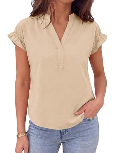 Tankaneo Womens Ruffle Short Sleeve Blouses Summer Casual V Neck Tops Loose Curved Hem Cotton Shirts Apricot - Image 1