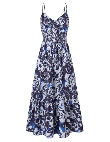 Women's Summer Dresses Floral High Waist A-Line Adjustable Straps Dressy Evening Holiday Graduation Dresses Navy Blue Flower - Image 1