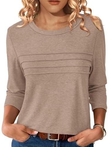 NORACORA Womens 3/4 Sleeve Tops and Blouses Dressy Casual Business Crew Neck Tunic Shirts Trendy Outfits Casual Basic Shirts Tunic Light Khaki L - Image 1