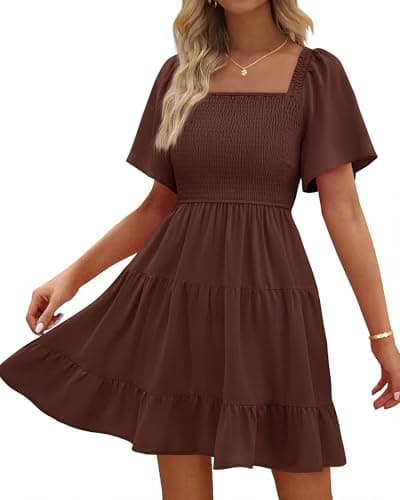BTFBM Womens Summer Smocked Mini Dress Spring Square Neck Flutter Sleeve Casual Ruffle Swing Boho Beach Dresses Pockets(Brown, Medium) - Image 1