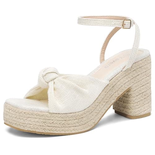 Yavero Women's Espadrille Platform Wedge Sandals Open Square Toe Chunky Sandals Bow Sandals for Vacation Beige 6.5 - Image 1