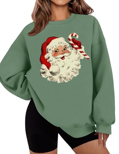 LETSEE Cute Christmas Sweatshirts for Women Santa Claus Graphic Pluz Size Soft Fleece Pullover Sweaters Winter Clothes, A-Green, XX-Large - Image 1