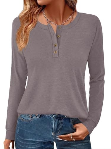 GKBK Womens Henley Tops Long Sleeve Shirts Button Pullover Loose Fit Henley Neck Tunics Brown XL - Image 1