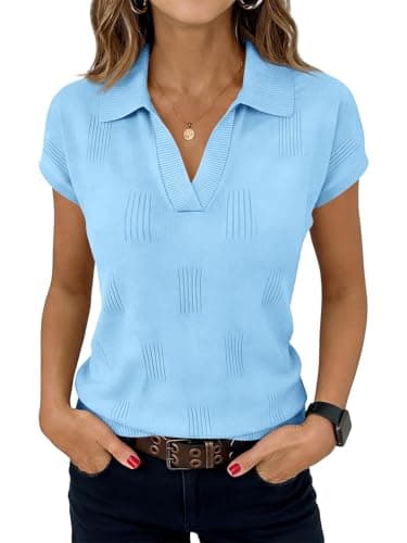 Saodimallsu Womens Short Sleeve Sweater Tops Solid Lapel V Neck Knit Shirt Summer Casual Basic Pullover Baby Blue - Image 1