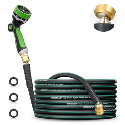 HOMEIDEAS 25 ft Rubber Garden Hose with Nozzle - Newly Leak-proof & Kink-free Design | Freely Rotational Spherical Ball Joint, Anticorrosive 3/4" Brass Fittings - Perfect for Outdoor Watering - Image 1