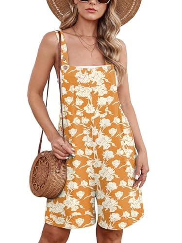 Moodclo Women's Summer Rompers White Flower Yellow Large Casual Adjustable Loose Short Overalls with Pockets Jumpsuits For Women 2025 Beach Vacation Outfits - Image 1