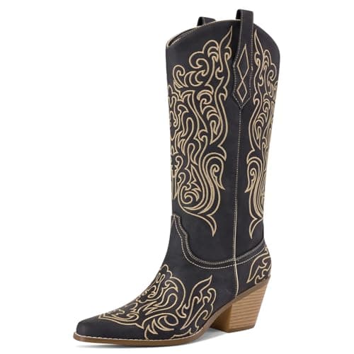 LOCERICH Women Knee High Boots Cowgirl Boots Cowboy Tall Boots Western Wide Calf Ladies Low Chunky Heel Snip Toe Comfortable Dress Boot with Embroidered - Image 1