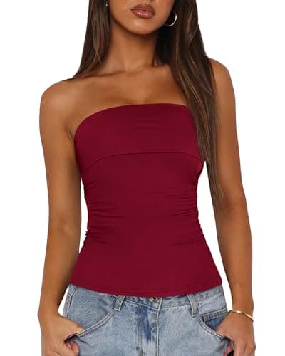BTFBM Womens Strapless Tube Tops Spring Summer Clothes 2026 Trendy Casual Ruched Stretchy Going Out Bodycon Bandeau Top(Wine Red, XX-Large) - Image 1