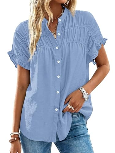MASCOMODA Womens Button Down Shirts Ruffle Short Sleeve Loose Summer Tops Dressy Casual V Neck Business Work Blouses(Blue,Large) - Image 1