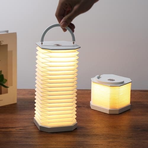 Ba suns Portable Paper Lamp,White Accordion Desk Lamp,Japanese Lanterns lamp for Home Decoration and Gift,Dimmable Bedside Lamp,1200mAh USB Powered Night Light for Bedroom,Office,Reading (White - Image 1