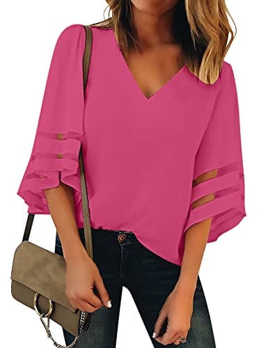 luvamia Women's Casual V Neck Blouse 3/4 Bell Sleeve Mesh Panel Shirts Loose Tops Bell Sleeve Tops for Women 70'S Womens Shirts 3/4 Length Sleeves Womens Office Tops Viva Magenta Hot Pink Size XXXL - Image 1