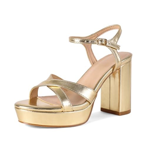 Erocalli High Heels for Women Chunky Sandals Gold Heeled Round - Platform, Strappy, Open Toe, Block, Summer Adjustable,Wedding Shoes - Image 1