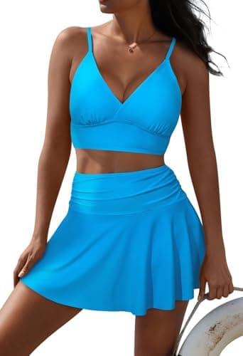 Women High Waisted Tankini Bathing Suit Tummy Control 2 Piece Bikini Crop Top Swimsuits Sports V Neck Light Blue M - Image 1
