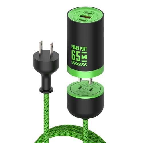 MFish 65W GaN Fast Wall Charger Block with 2 USB-C & 1 USB-A Ports, 5ft Nylon Extension Adapter – High-Speed Charging for iPhone, iPad, MacBook, Samsung Galaxy, and More Devices (Cyber Green) - Image 1