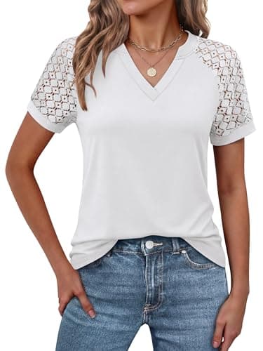 ANRABESS Womens Short Sleeve V Neck Shirts Lace Dressy Casual Blouse 2026 Summer Business Work Tops Vacation Trendy T-Shirts White XX-Large - Image 1