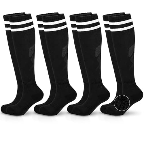 Hryrbay 4 Pairs Kids Cotton Soccer Socks Cushion Striped Baseball Uniform Boys World Cup Sock Toddler Girls Knee High Socks (Black,9-12 Years) - Image 1